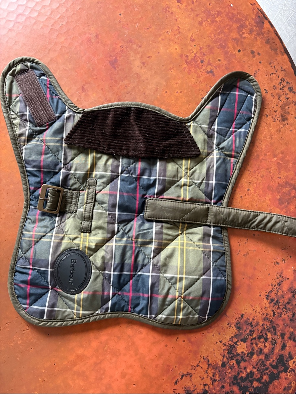 Barbour Kids Quilted Plaid Harness Cover in Olive, Navy and Red Trim